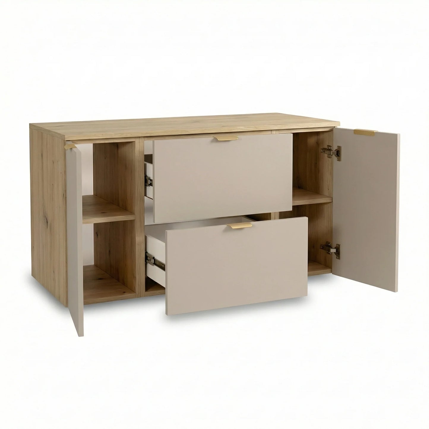 Dulap pentru lavoar 120 cm cu 2 sertare, 2 usi, fronturi netede - Casmir/Stejar artizanal