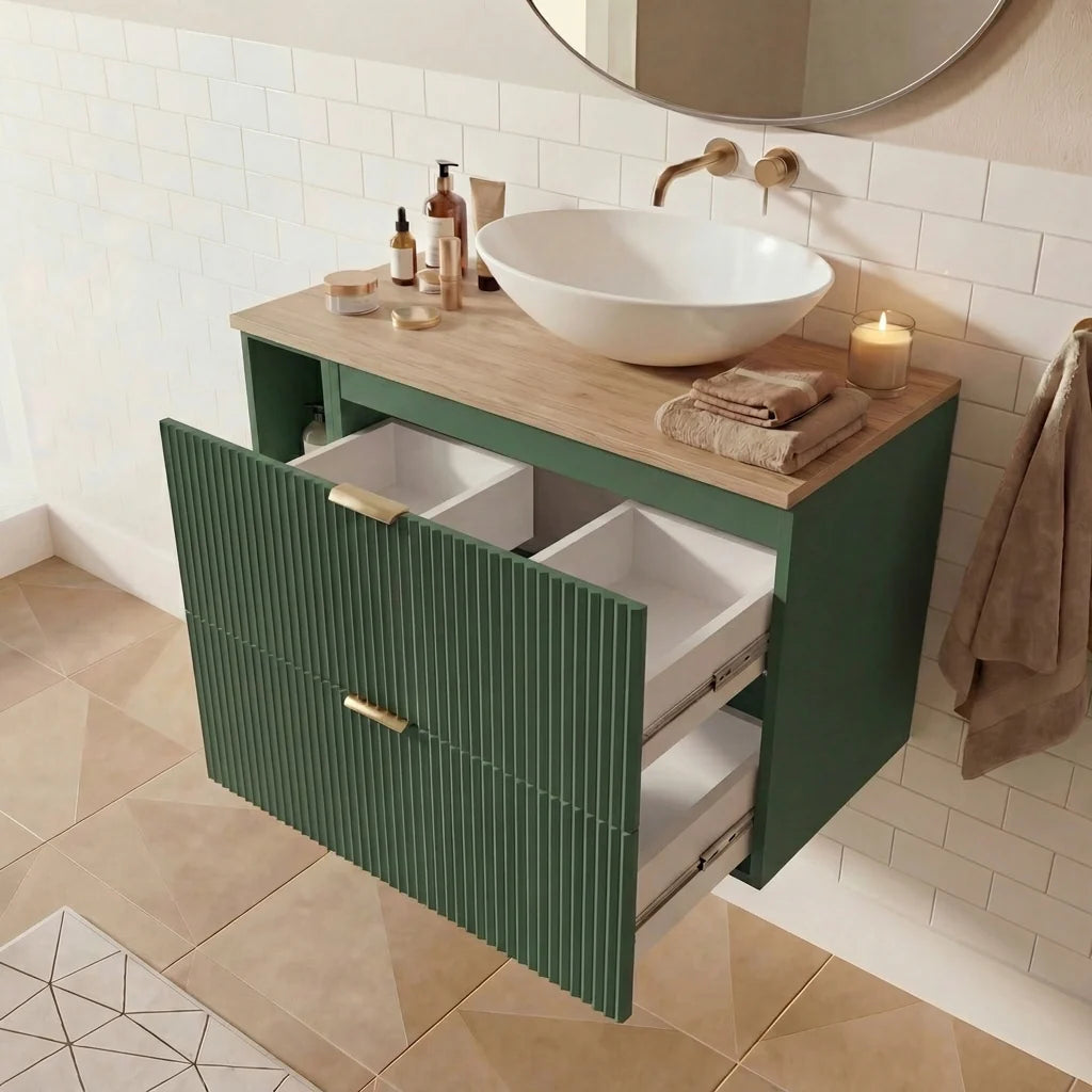 Dulap pentru lavoar 80 cm cu raft, fronturi canelate Willy - Verde, Nuc top