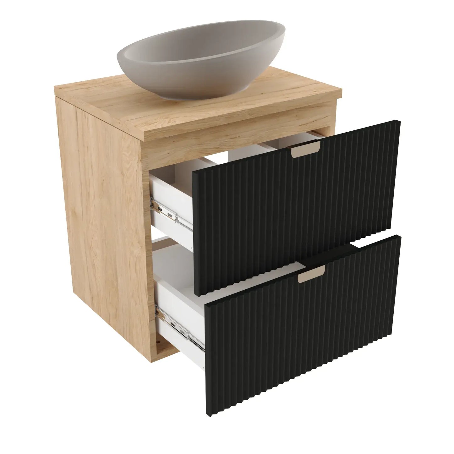 Dulap pentru lavoar 60 cm 2 sertare fronturi canelate Willy - Negru/Nuc