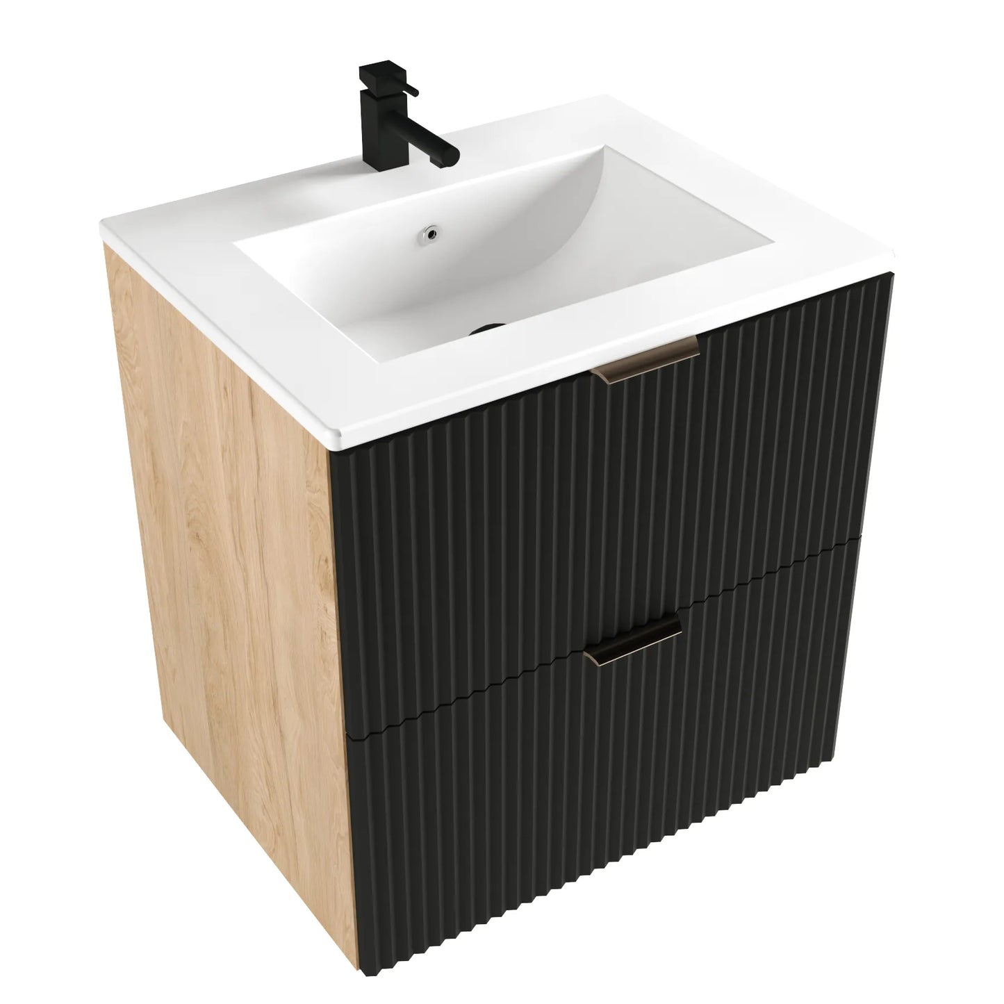 Dulap pentru lavoar 60 cm cu chiuveta, 2 sertare, fronturi canelate Willy - Negru/Nuc