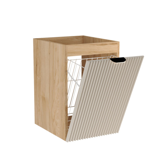 Dulap de baie Willy 40 cm Cașmir/Nuc cu coș de rufe integrat, front striat și mânere metalice aurii.
