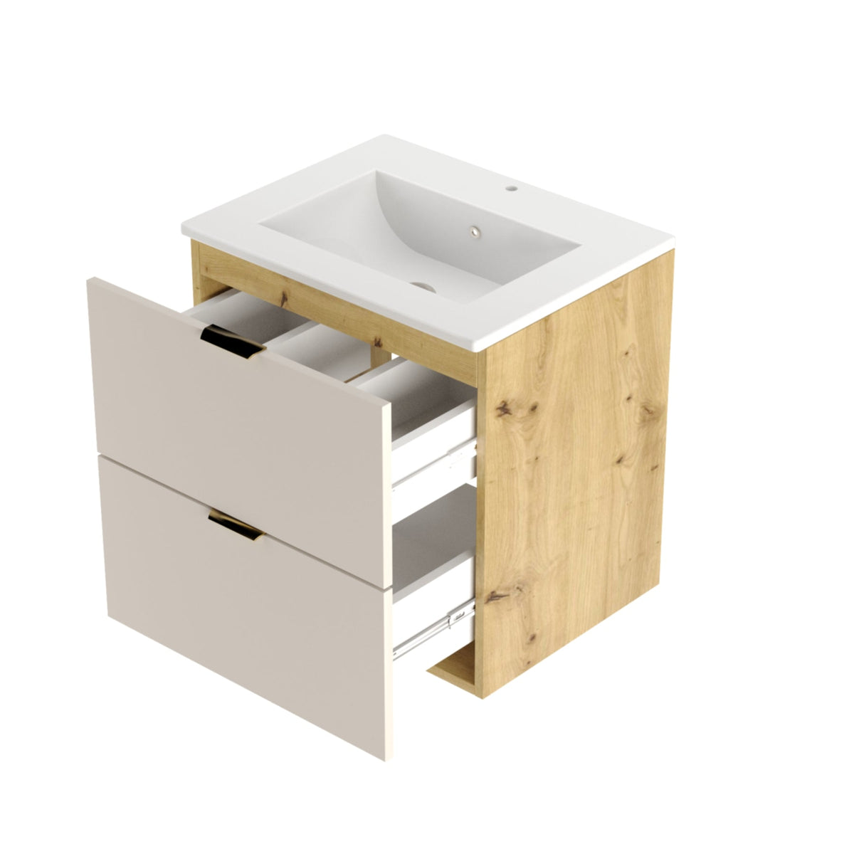 Dulap pentru lavoar 60 cm cu chiuveta, 2 sertare, fronturi netede Orio - Casmir/Stejar artizanal