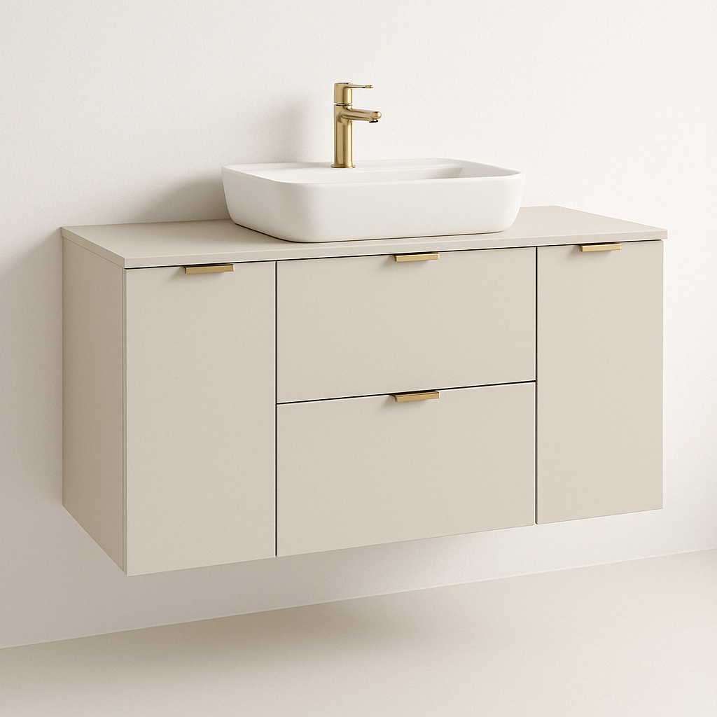 Dulap pentru lavoar Orio 120 cm Casmir cu fronturi netede, 2 sertare și 2 uși cu poliță interioară – mobilier elegant și practic pentru baie.