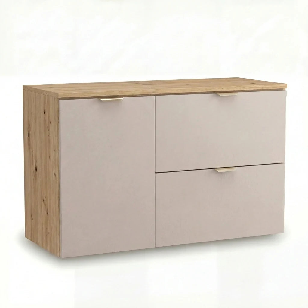Dulap pentru lavoar 100 cm, cu cos de rufe, fronturi netede Orio - Casmir/Stejar artizanal