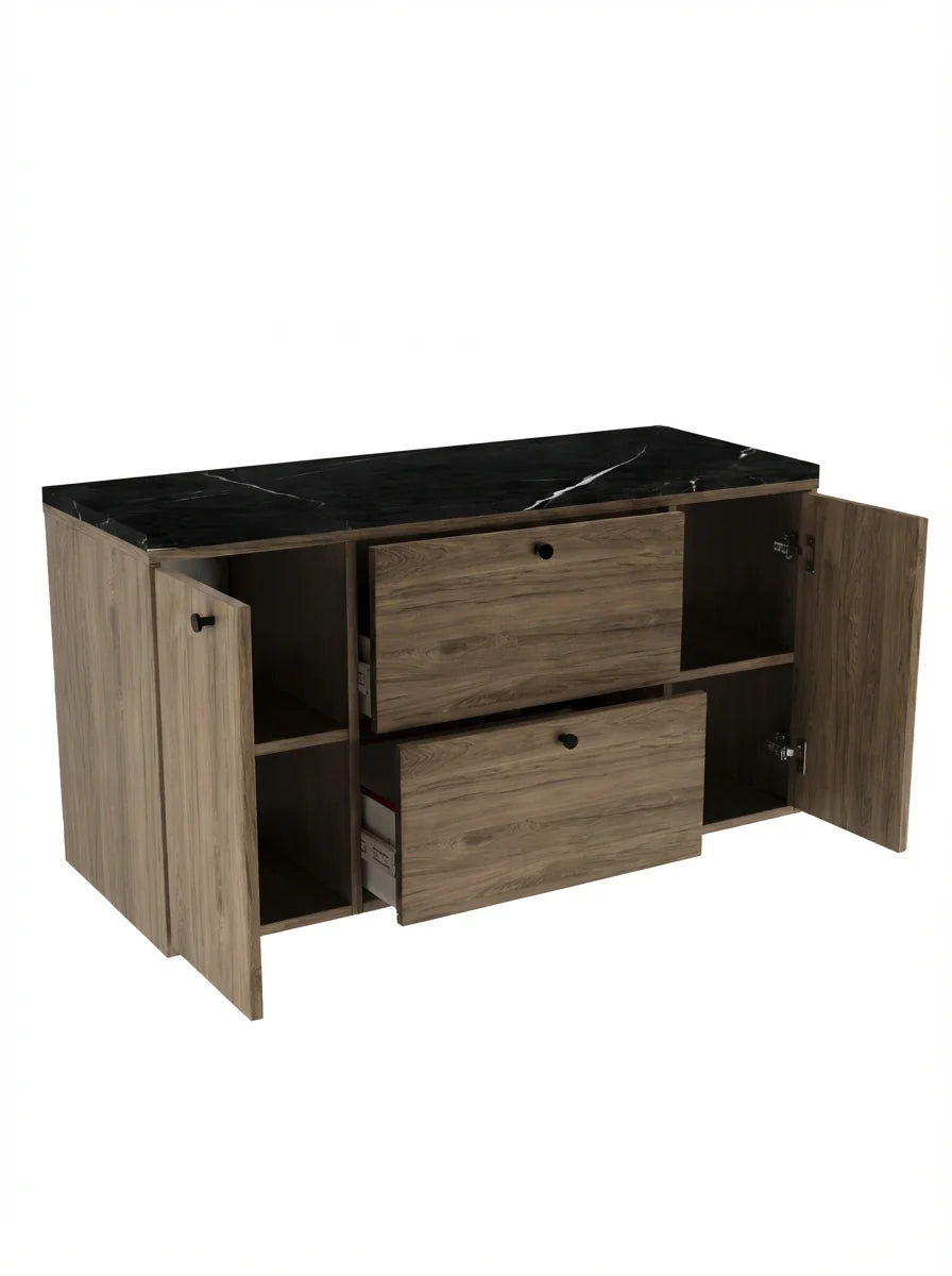 Dulap pentru lavoar 120 cm, cu 2 usi, cu 2 sertare, fronturi netede Belino - Nuc inchis/Marmura Negru