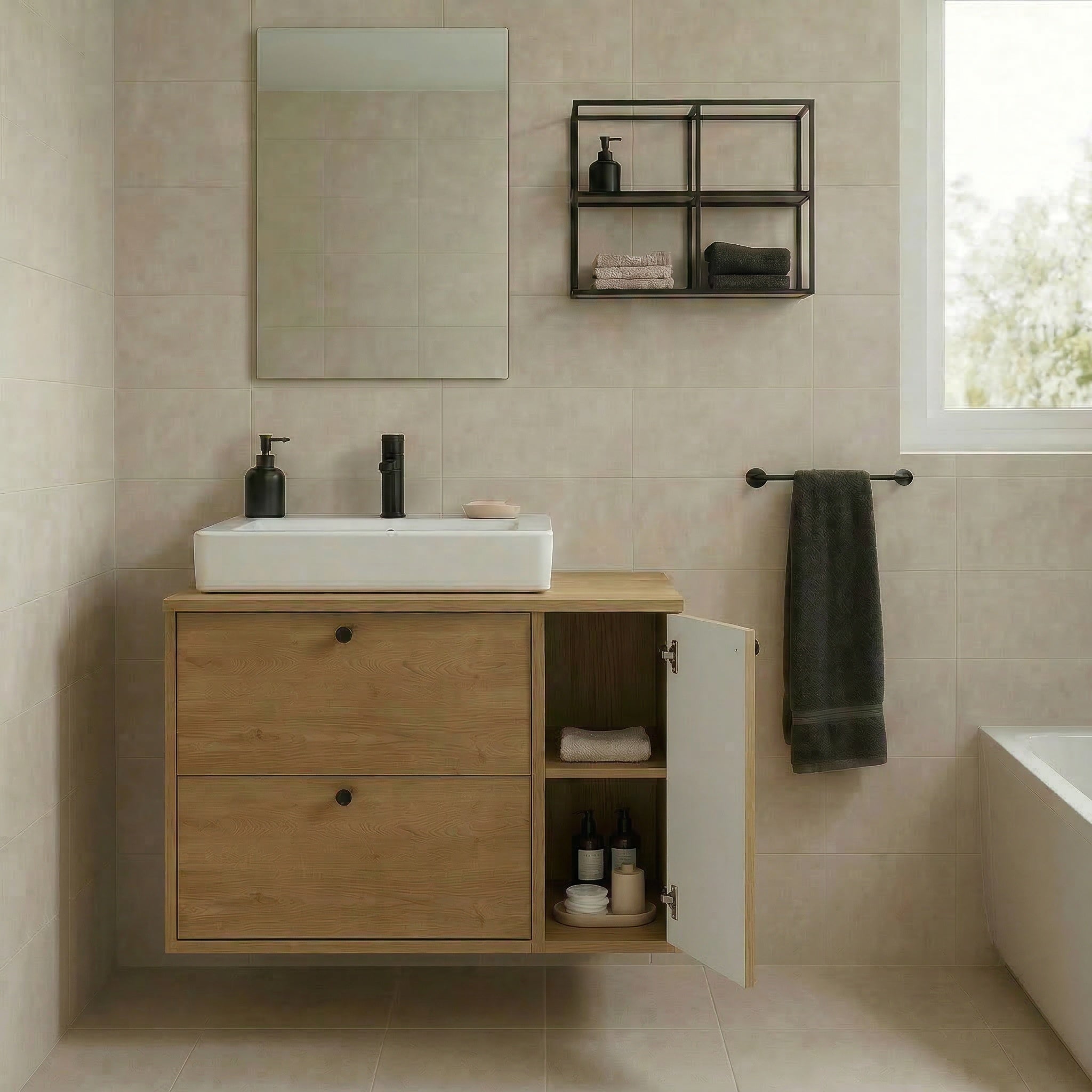Dulap pentru lavoar 80 cm cu raft, fronturi netede Belino - Stejar Cremona