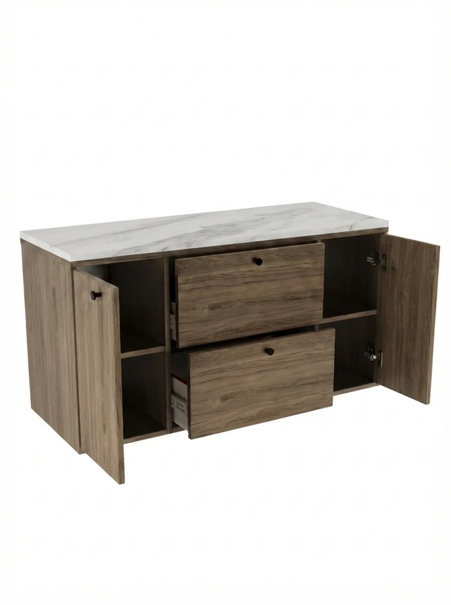 Dulap pentru lavoar 120 cm, cu 2 usi, cu 2 sertare, fronturi netede Belino - Nuc inchis/Marmura alba