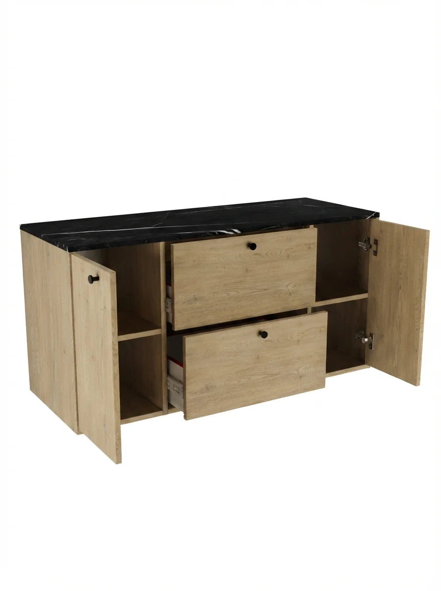 Dulap pentru lavoar 120 cm, cu 2 usi, cu 2 sertare, fronturi netede Belino - Stejar Cremona/Marmura Negru