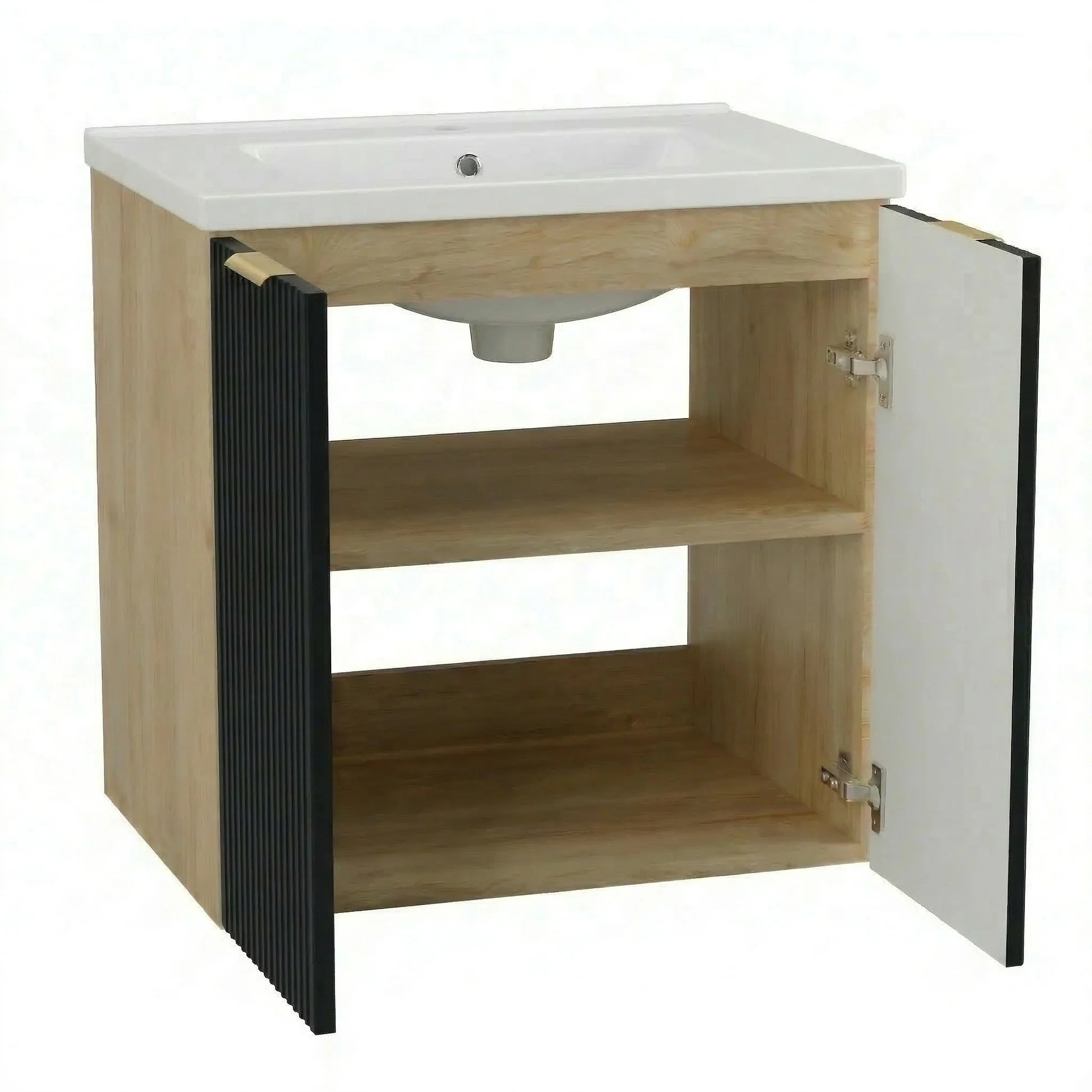 Dulap pentru lavoar 60 cm cu chiuveta, cu 2 usi, fronturi canelate Willy - Negru/Nuc