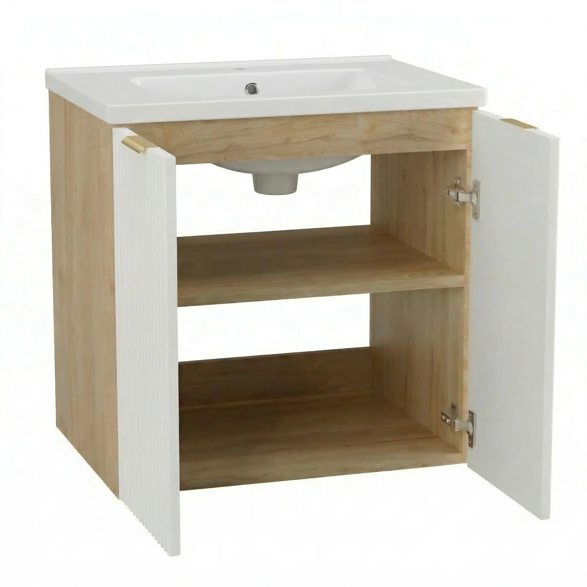 Dulap pentru lavoar 60 cm cu chiuveta, cu 2 usi, fronturi canelate Willy - Alb/Nuc