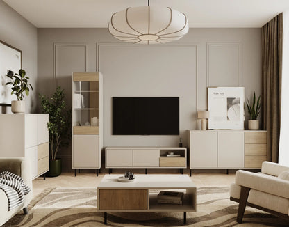 Comoda inalta 100 cm, cu 3 usi, cu 2 sertare Lola - Casmir/Stejar artizanal