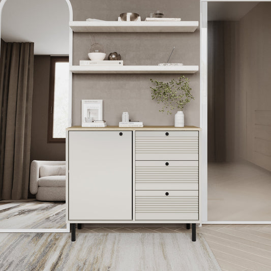 Comodă Linea 100 cm Casmir cu blat stejar artizanal, 3 sertare cu fronturi striate și 1 ușă netedă, design elegant și funcțional.