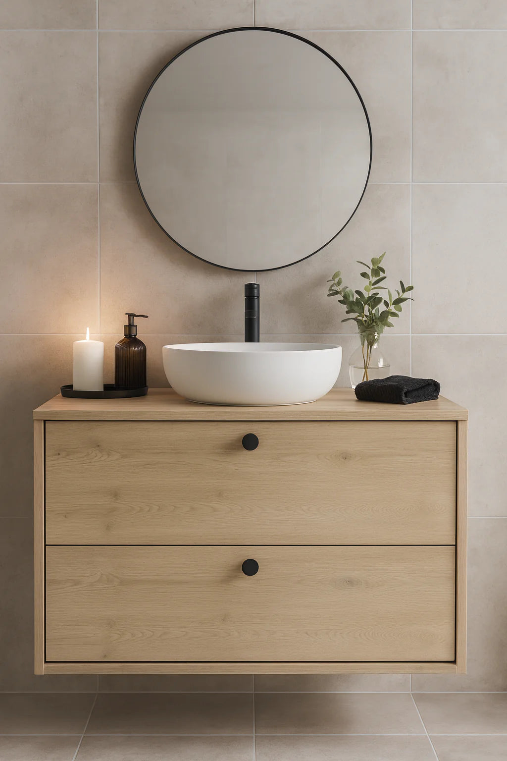 Dulap pentru lavoar 80 cm, cu 2 sertare, fronturi netede Belino - Stejar Cremona