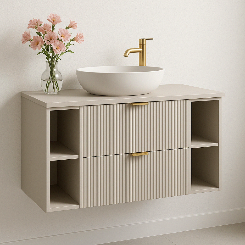 Dulap pentru lavoar Willy 100 cm Cășmir cu fronturi riflate, blat și etajere asortate și mânere aurii, perfect pentru băi elegante și funcționale.