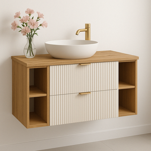 Dulap pentru lavoar Willy 100 cm Cășmir/Nuc cu fronturi riflate, blat și rafturi din decor Nuc și mânere aurii elegante.