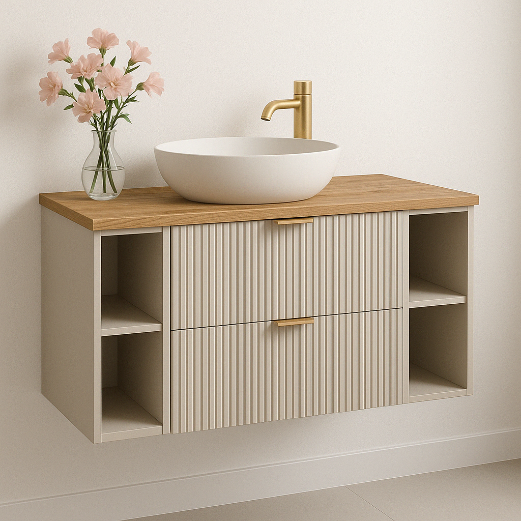 Dulap pentru lavoar Willy 100 cm Casmir cu blat Nuc, fronturi riflate, sertare SOFT-CLOSE și mânere metalice aurii elegante.