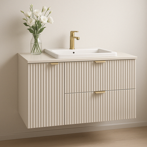 Dulap lavoar Willy 100 cm Cășmir, fronturi riflate, sertare SOFT-CLOSE și coș de rufe integrat – design elegant și spațiu practic pentru baie.