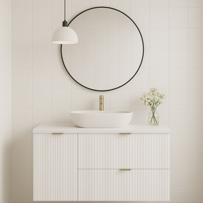 Dulap pentru lavoar 100 cm, cu cos de rufe, fronturi canelate Willy - Alb