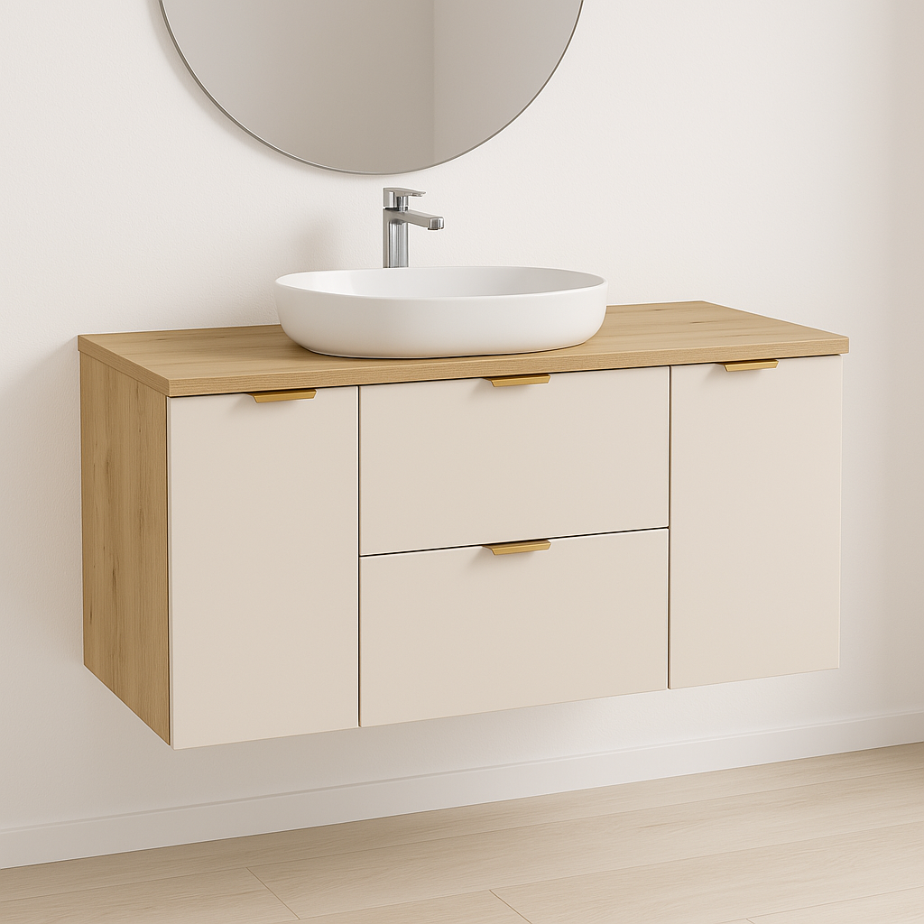 Dulap lavoar Orio 120 cm Cașmir/Stejar Artizanal – fronturi netede, sertare Soft-Close și mânere aurii sau negre, design modern și spațiu generos.