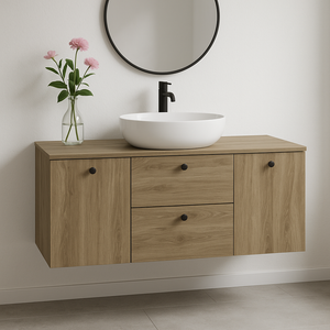 Dulap lavoar 140 cm Nuc Închis cu 2 coșuri de rufe și sertare SOFT-CLOSE, design elegant și spațios.