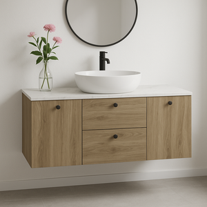 Dulap lavoar 140 cm Nuc Închis/Marmura alba cu 2 coșuri de rufe, sertare SOFT-CLOSE și design elegant cu blat marmorat.