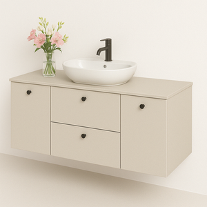 Dulap lavoar 140 cm Beti în nuanță Casmir, cu 2 coșuri de rufe, sertare SOFT-CLOSE și design elegant cu fronturi netede.