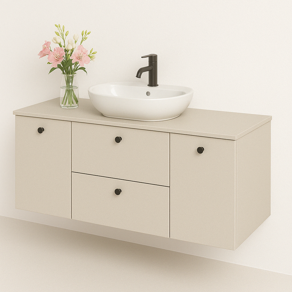 Dulap lavoar 140 cm Beti în nuanță Casmir, cu 2 coșuri de rufe, sertare SOFT-CLOSE și design elegant cu fronturi netede.