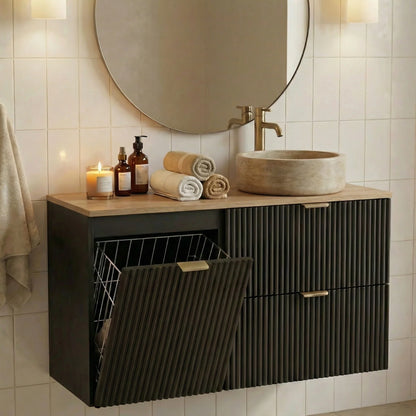 Dulap pentru lavoar 100 cm, cu cos de rufe, fronturi canelate Willy - Negru, Nuc top