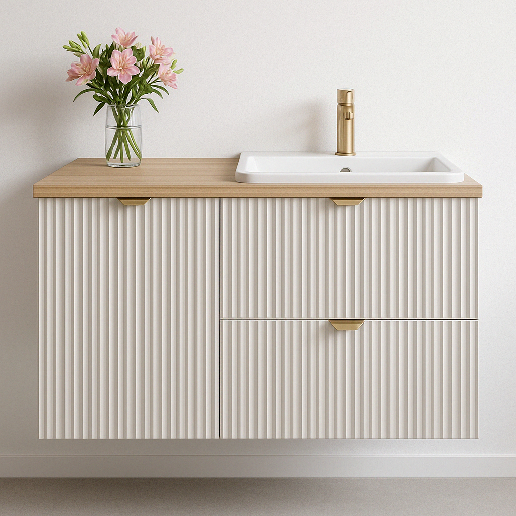 Dulap lavoar Willy 100 cm Cășmir cu blat Nuc, fronturi riflate, mânere metalice, sertare SOFT-CLOSE și coș de rufe integrat – design elegant și practic.