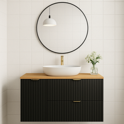 Dulap pentru lavoar 100 cm, cu cos de rufe, fronturi canelate Willy - Negru, Nuc top