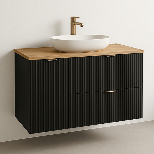 Dulap lavoar Willy 100 cm negru cu blat nuc, fronturi riflate, mânere aurii și coș de rufe integrat – eleganță și funcționalitate pentru baie.