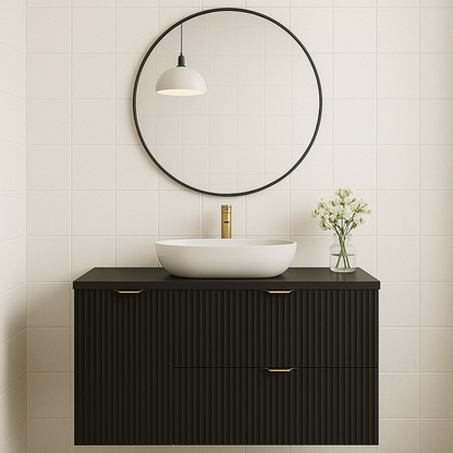 Dulap pentru lavoar 100 cm, cu cos de rufe, fronturi canelate Willy - Negru