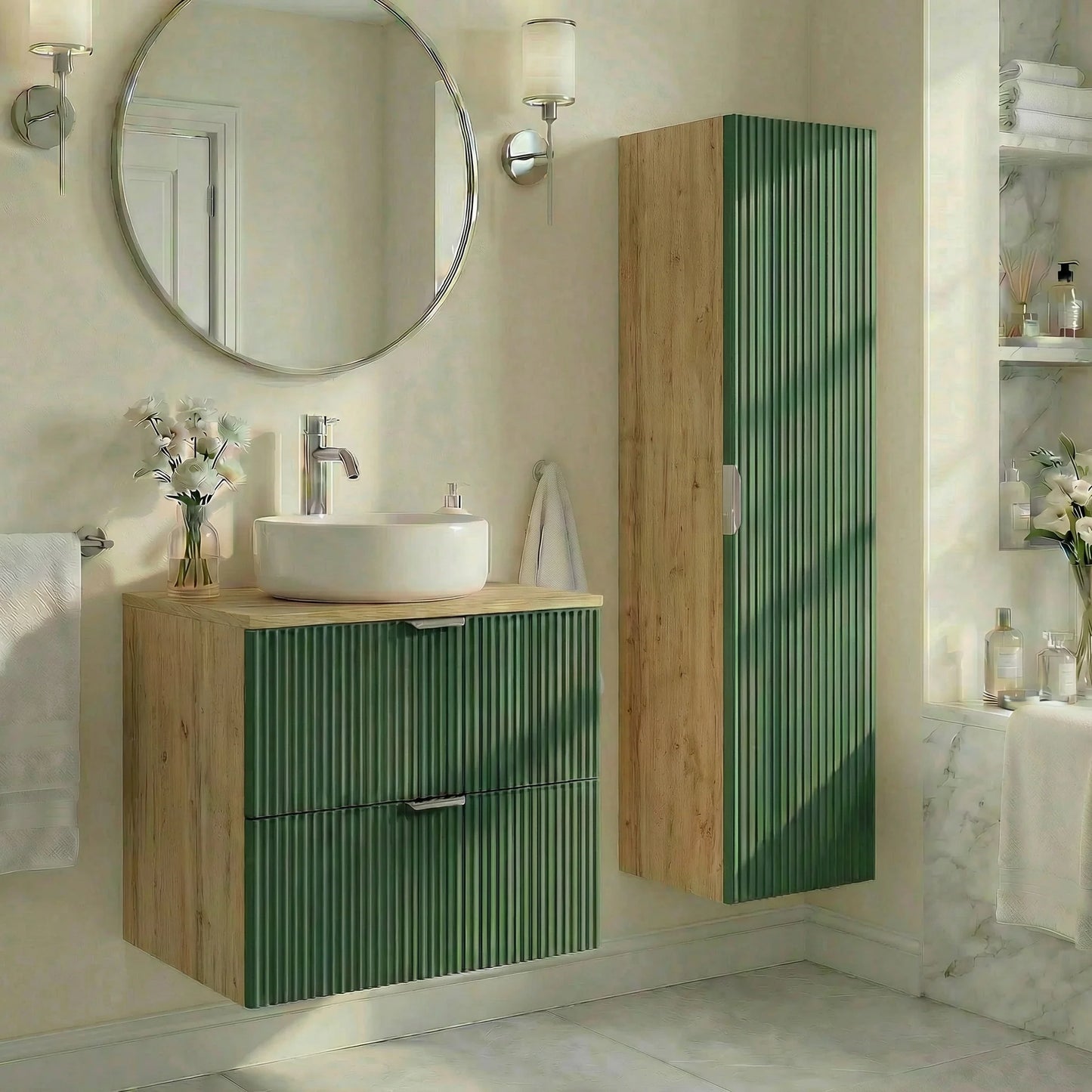 Dulap înalt pentru baie 120 cm, fronturi canelate Willy - Verde/Nuc