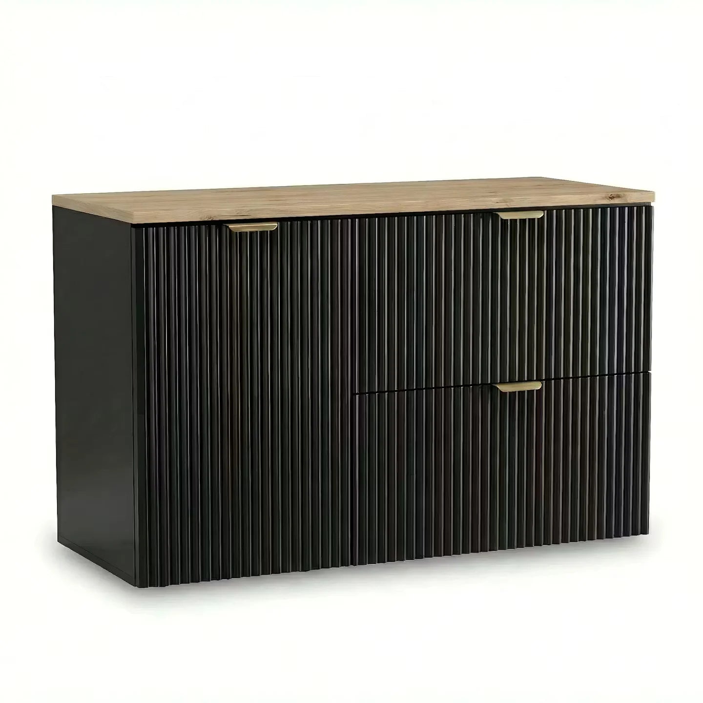 Dulap pentru lavoar 100 cm, cu cos de rufe, fronturi canelate Willy - Negru, Nuc top