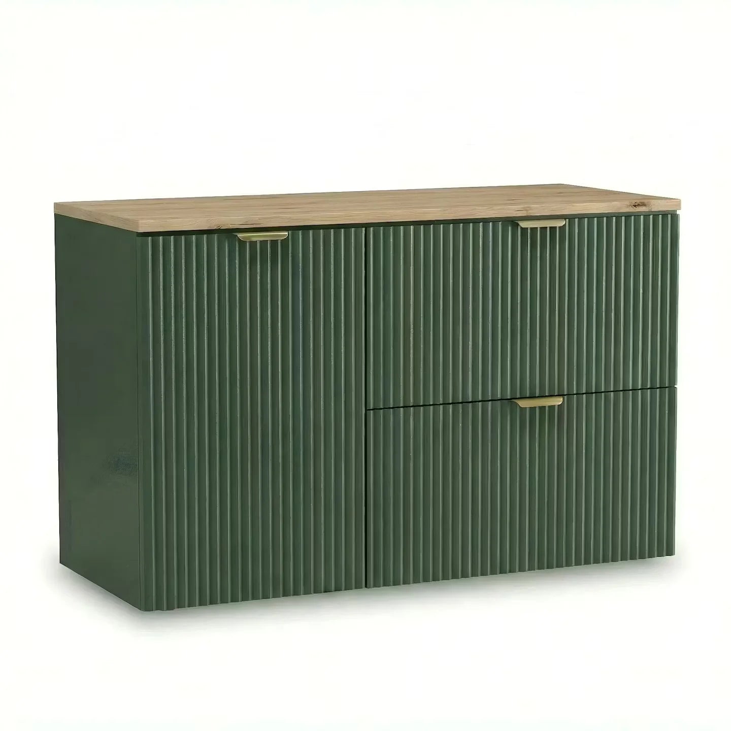 Dulap pentru lavoar 100 cm, cu cos de rufe, fronturi canelate Willy - Verde, Nuc top