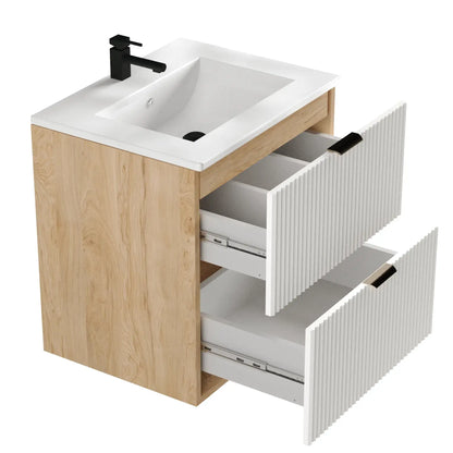 Dulap pentru lavoar 60 cm cu chiuveta, 2 sertare, fronturi canelate Willy - Alb/Nuc