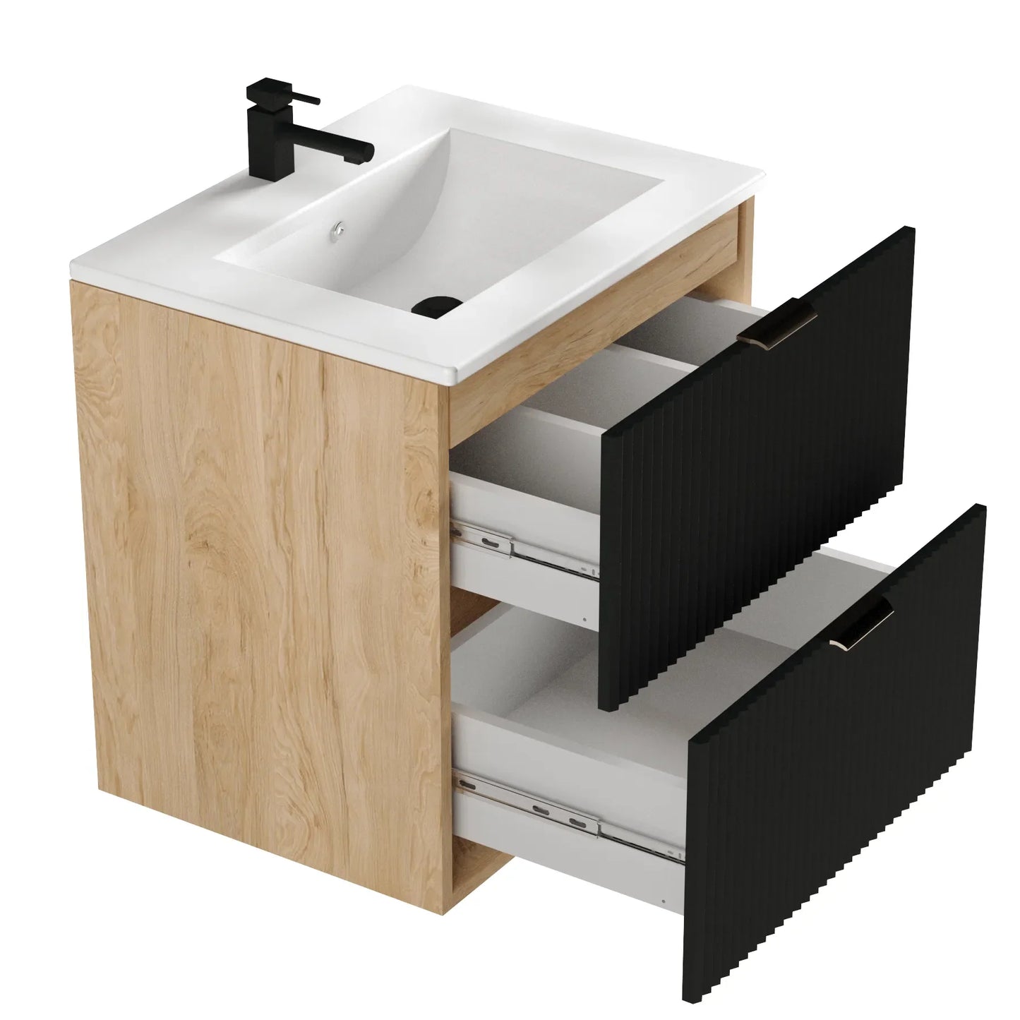 Dulap pentru lavoar 60 cm cu chiuveta, 2 sertare, fronturi canelate Willy - Negru/Nuc