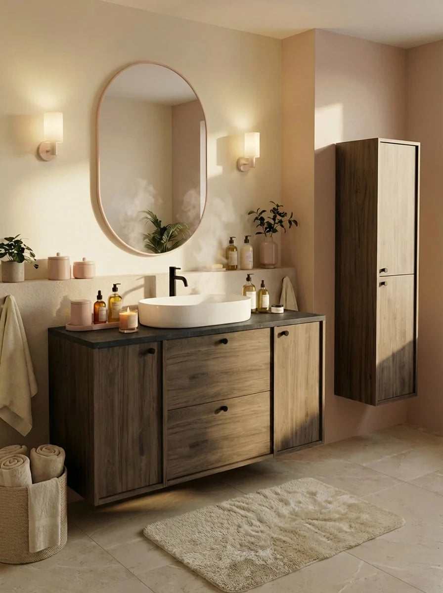 Dulap pentru lavoar 120 cm, cu 2 usi, cu 2 sertare, fronturi netede Belino - Nuc inchis/Marmura Negru