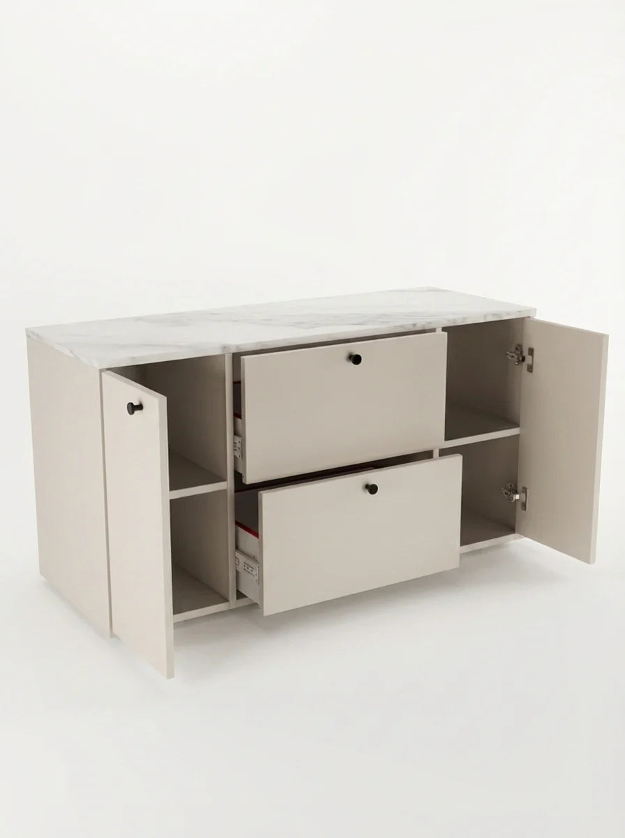 Dulap pentru lavoar 120 cm, cu 2 usi, cu 2 sertare, fronturi netede Belino - Casmir/Marmura alba