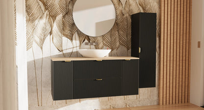 Dulap pentru lavoar 140 cm cu 2 usi, cu 2 sertare, fronturi canelate Willy - Negru, Nuc top