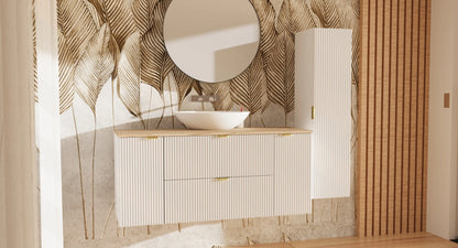 Dulap pentru lavoar 140 cm cu 2 usi, cu 2 sertare, fronturi canelate Willy - Alb, Nuc top