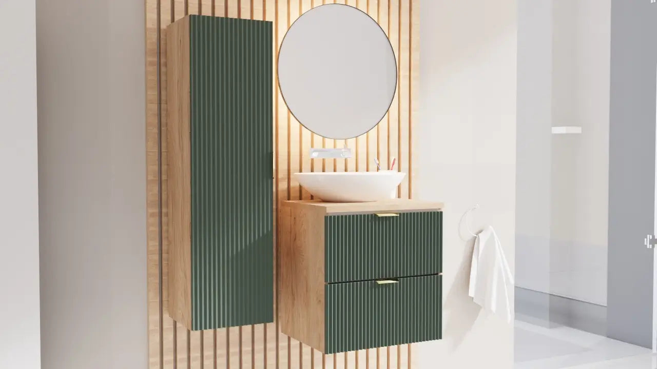 Dulap pentru lavoar 60 cm 2 sertare fronturi canelate Willy - Verde/Nuc