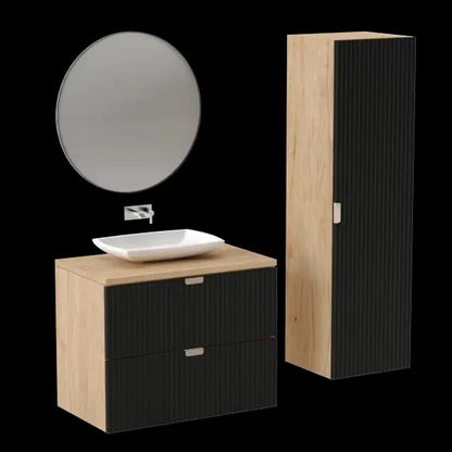 Dulap înalt pentru baie 120 cm, fronturi canelate Willy - Negru/Nuc