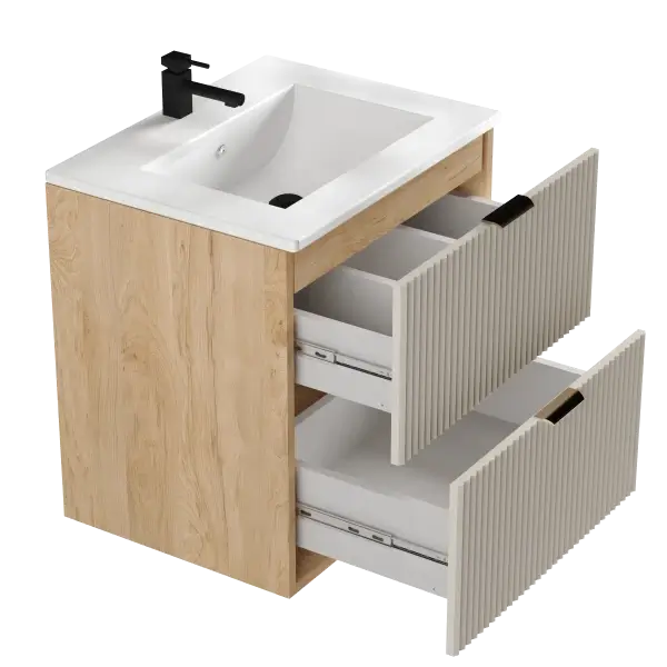 Dulap pentru lavoar 60 cm cu chiuveta, 2 sertare, fronturi canelate Willy - Casmir/Nuc