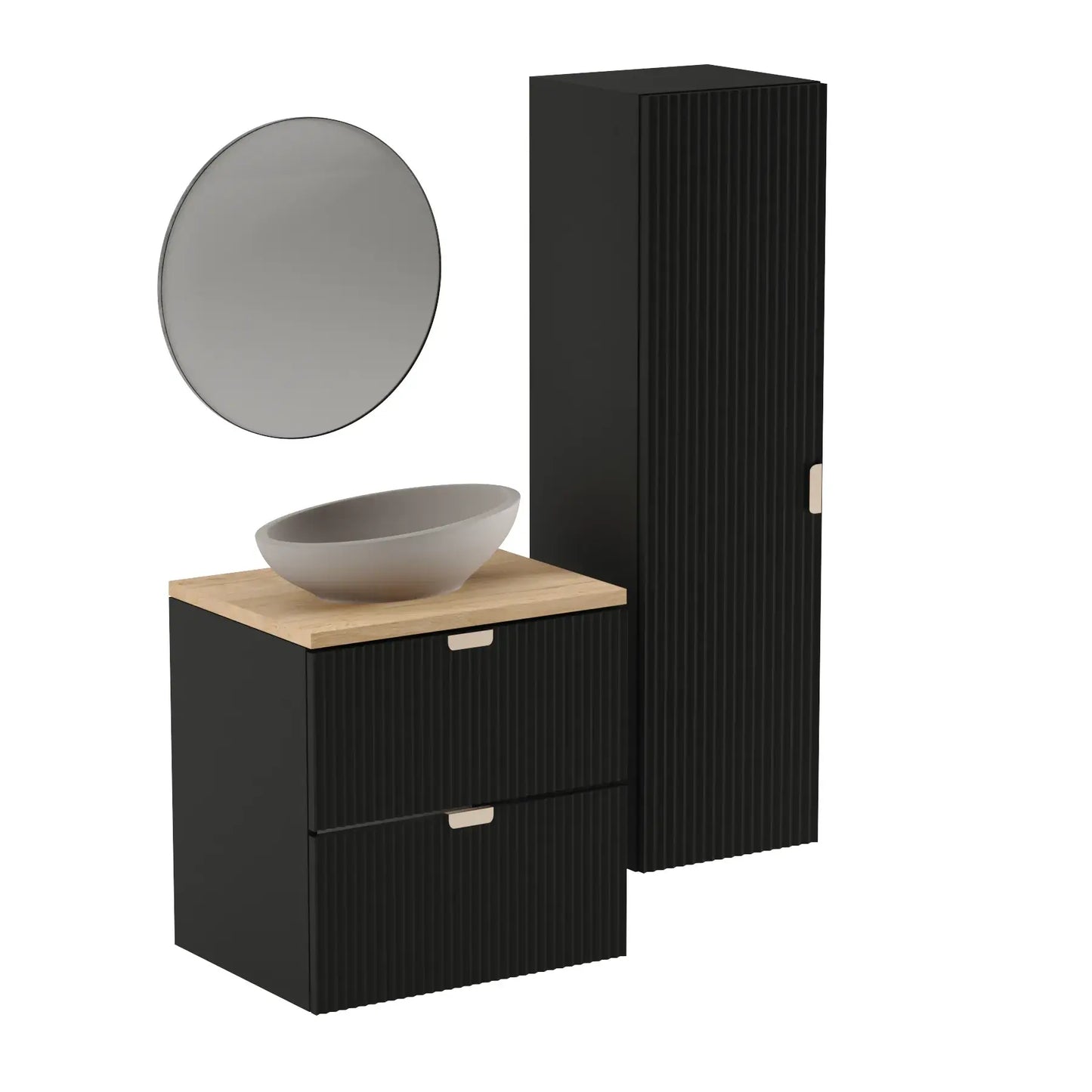 Dulap pentru lavoar 60 cm 2 sertare fronturi canelate Willy - Negru, Nuc top