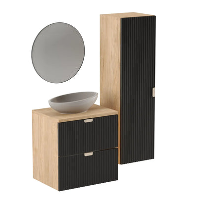 Dulap pentru lavoar 60 cm 2 sertare fronturi canelate Willy - Negru/Nuc