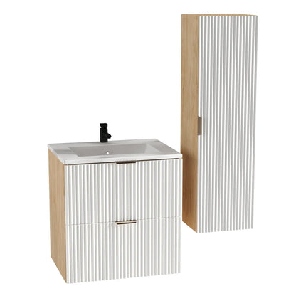 Dulap pentru lavoar 60 cm cu chiuveta, 2 sertare, fronturi canelate Willy - Alb/Nuc