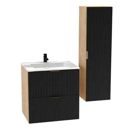 Dulap pentru lavoar 60 cm cu chiuveta, 2 sertare, fronturi canelate Willy - Negru/Nuc