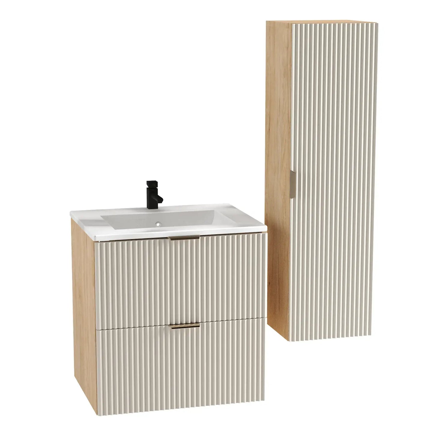 Dulap pentru lavoar 60 cm cu chiuveta, 2 sertare, fronturi canelate Willy - Casmir/Nuc